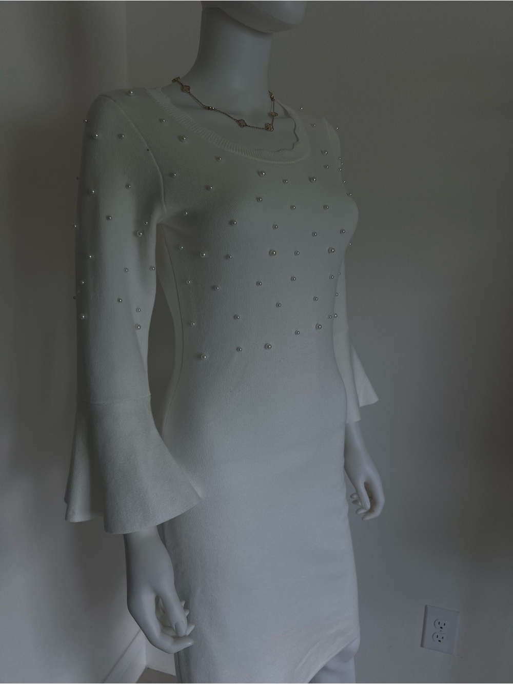 London Times Cream Pearl-Embellished Midi Dress